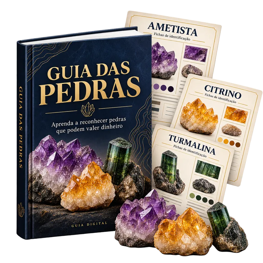 Mockup do Guia das Pedras com fichas de ametista, citrino e turmalina